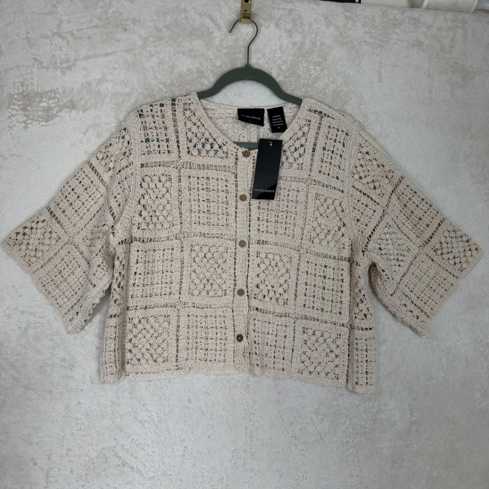 Liv Los Angeles Crochet Granny Square Cardigan XL Cream Boho NWT Western Layer